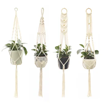 4 Packs Macrame Plant Hangers with 5 Hooks Different Tiers Cotton Rope Hanging Planters Set Flower Pots Holder Stand