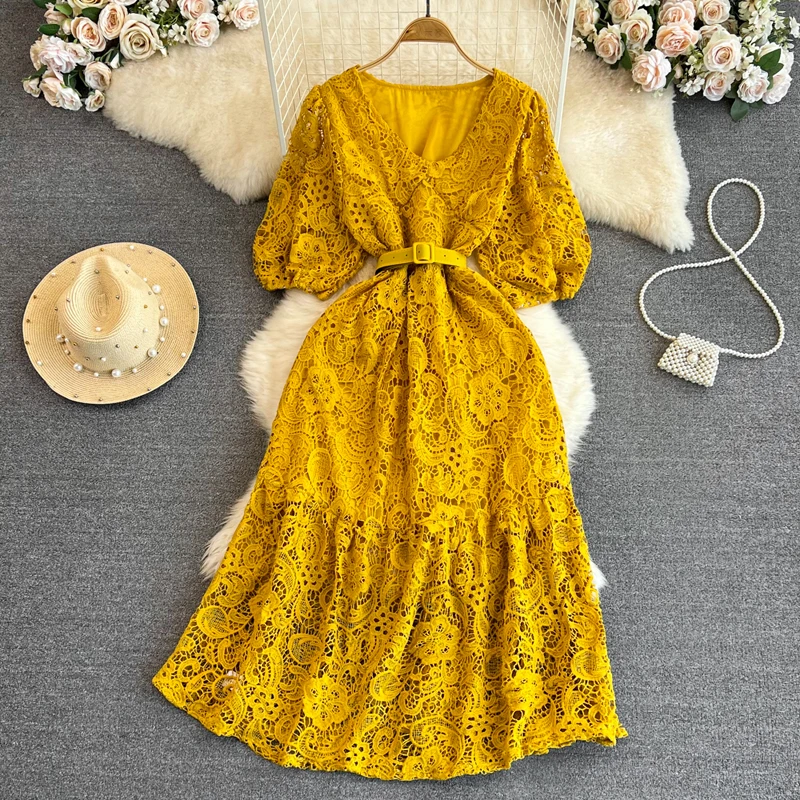LY28 New 2023 Korean Chic Elegant Design Slim Waist Lace Dress Women ...