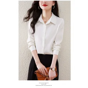 2026 Wrinkle-Resistant Satin White Shirt Women Solid-Color Blouse Elegant Top