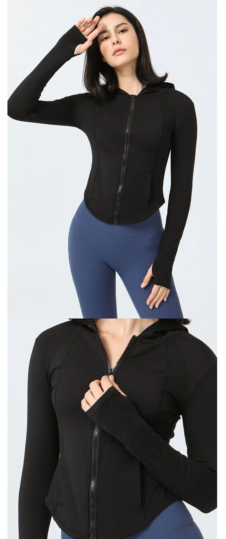 Custom Brushed Logo Zip Up Hooded Crop Sports Jacket Women's Yoga