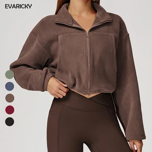 Evaricky Knitted Printed Stand-up Collar Windproof Warm Women's Plus Size Running Fleece Jacket with Drawstring