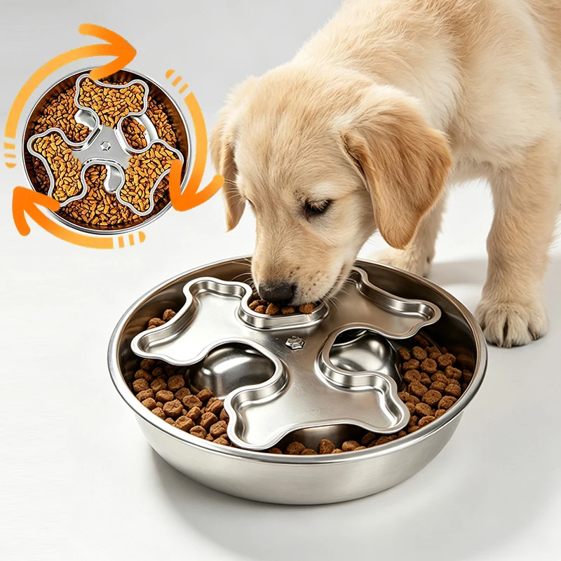 Stainless Steel Spiral Slow Feeder Pet Bowl Anti Slip Anti Tip Over Dog Cat Feeding Bowl for Teddy Golden Retriever