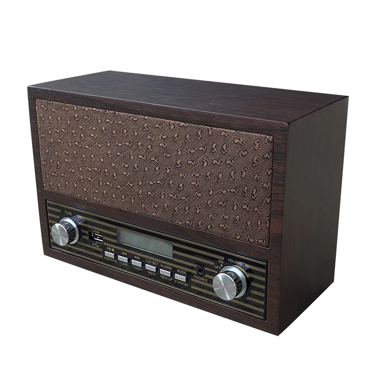 High Quality Wood Retro FM Clock Radio with Headphone Jack