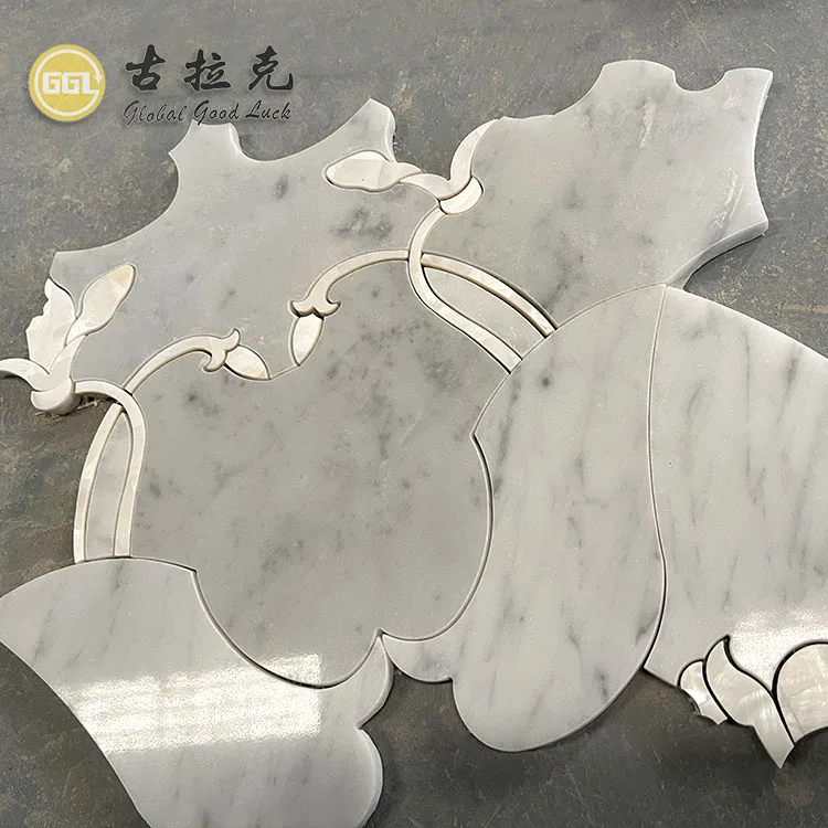 White Shell Inlay Marble Cararra White Waterjet Cutting Mosaic Tile for Living Space and Bathroom