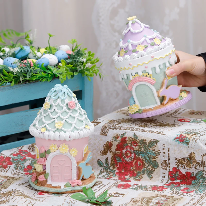 Redeco New Design Creative Easter Rabbit Cake House Figurines Cute Easter Bunny Ice Cream Resin House Spring Home Decoration