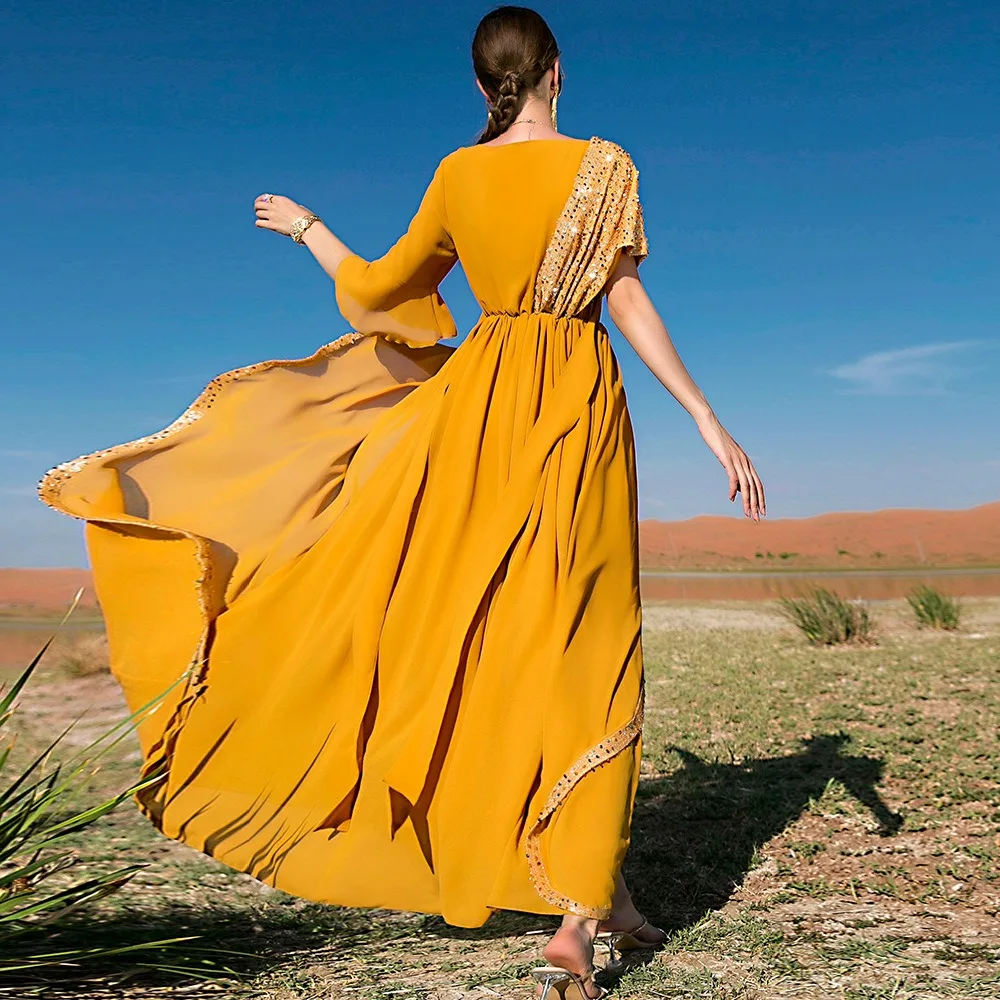 SH0100 Wholesale Orange Yellow Chiffon Sequined Swing Maxi Dress for Women  Dubai Turkey Arab National Dresses Moroccan Caftan