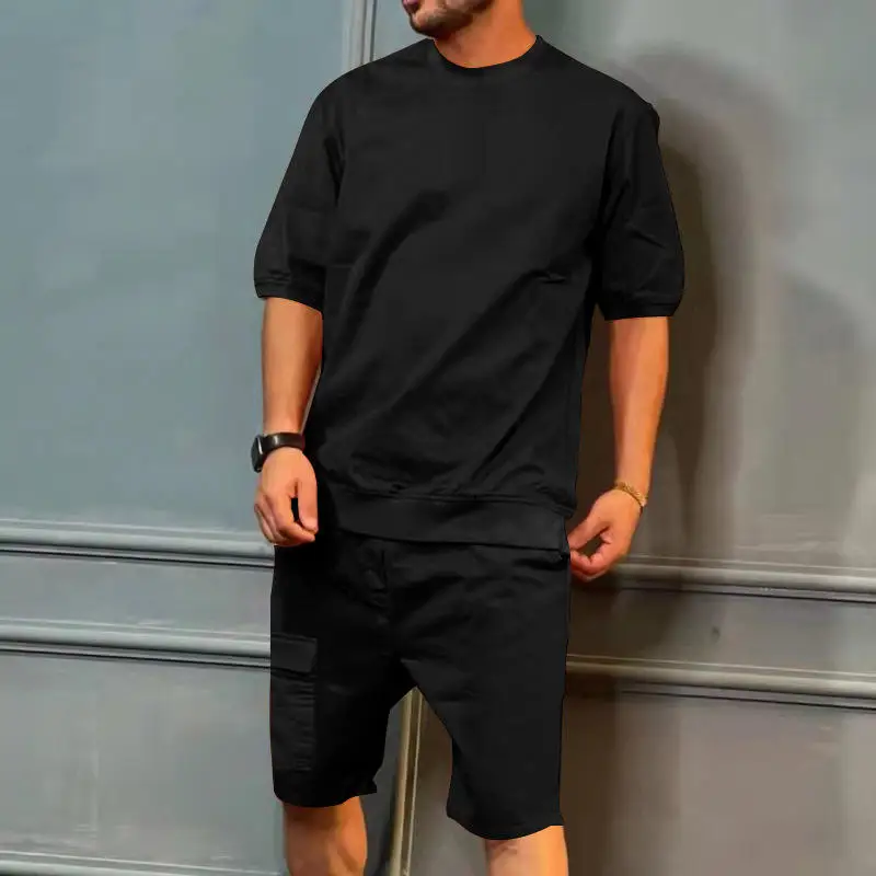 Linéaire D'été Pour Hommes À La Mode Décontracté Short T-Shirt Survêtement 2 Pièces Ensembles Courts876_voghion.com
