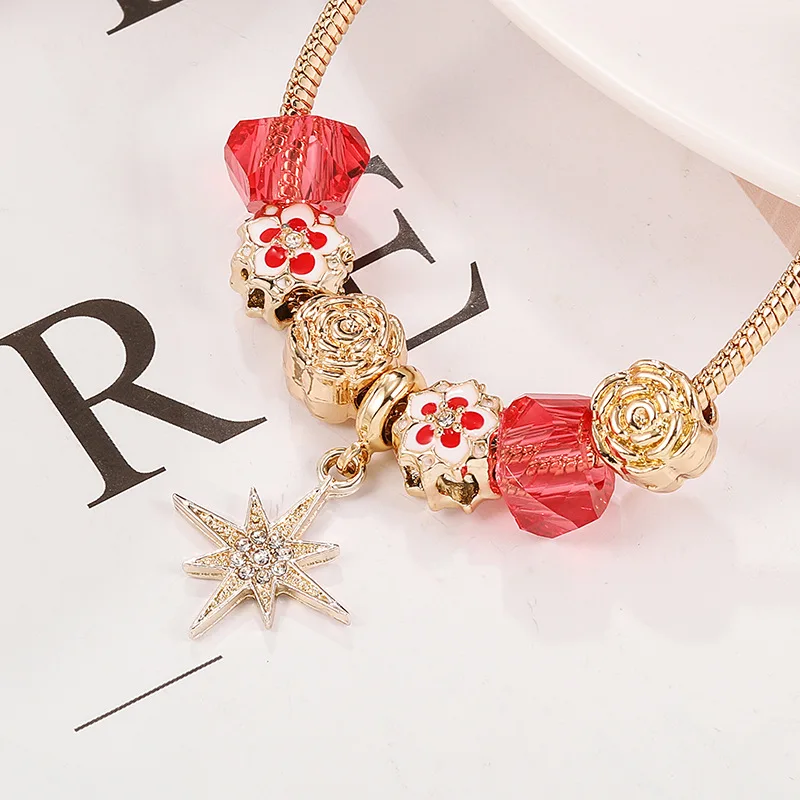 Flowers beaded star pendant  charm bracelets gold plated high quality Women's jewelry