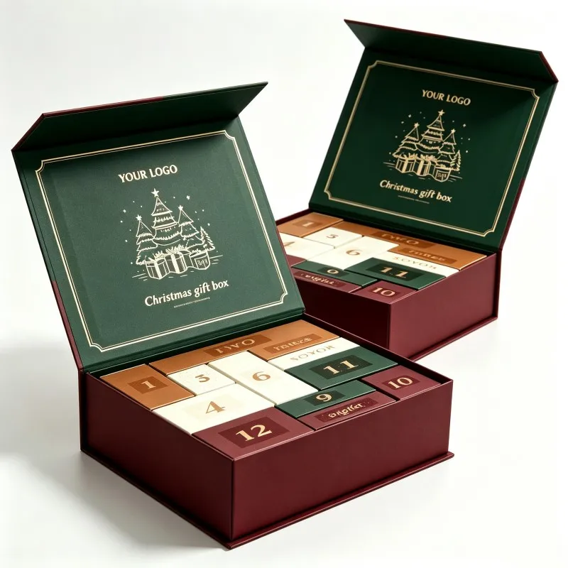 Luxus-Stabilbox als Weihnachtsgeschenkverpackung mit Klappdeckel, magnetische Buchform-Box mit herausnehmbaren Fächern, individuelles Logo, Festtagsverpackung