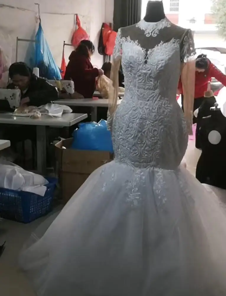 2023 Customize Luxury Mermaid Wedding Dresses Sheer Long Sleeve High