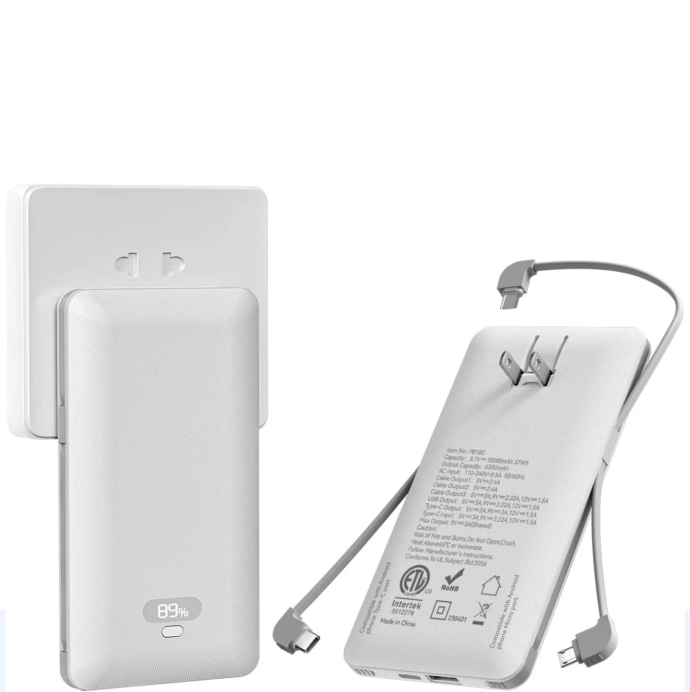 CCC Certified Power Bank 10000mAh Built-in 3 Cables, PD20W Multi-Port Portable Charger with AC Plug Digital Display PB180P