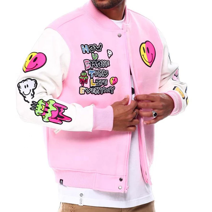 Chenille Embroidery Large Design Men Leather Sleeves Baseball Varsity Jacket _voghion.com