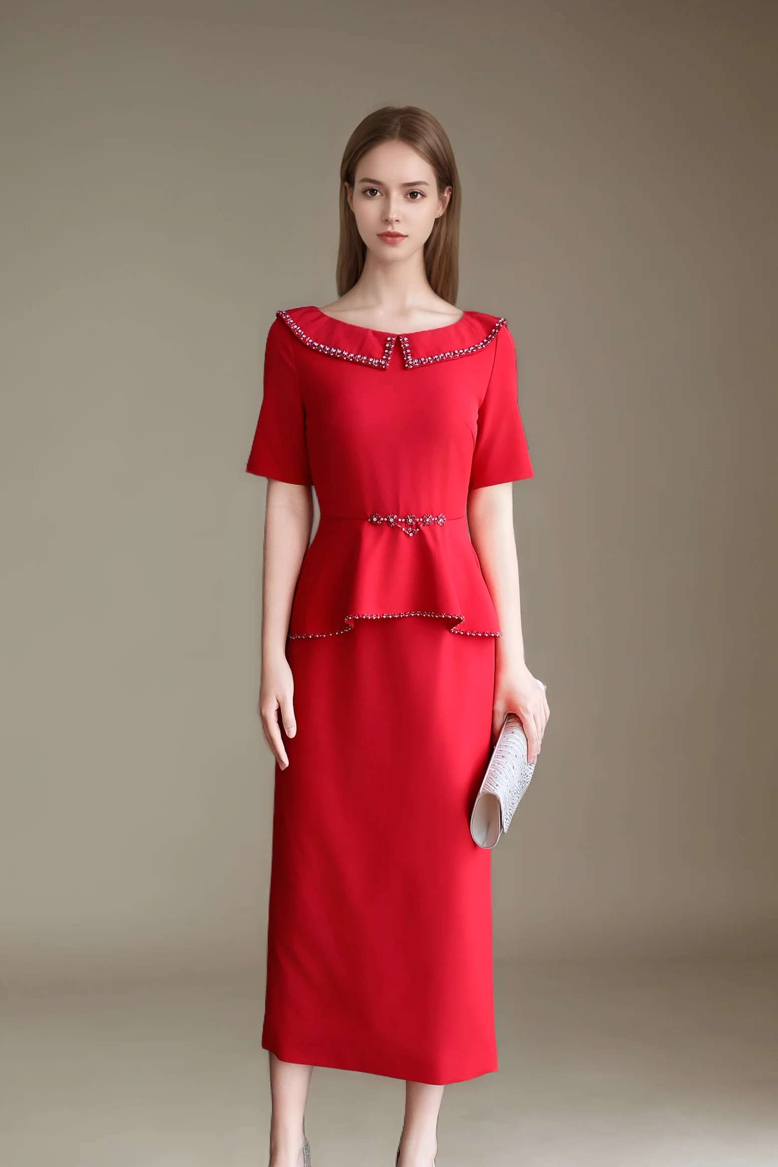 Elegant Plus Size Peplum Midi Dress with Beaded Details, Modest Formal Evening Gown for Mother of the Bride, Cocktail Party Elegant Plus Size Peplum Midi Dress with Beaded Details, Modest Formal Evening Gown for Mother of the Bride, Cocktail Party