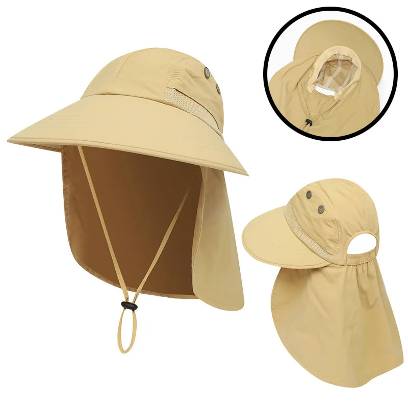 Sun UV Protection Outdoor Hunting Hiking Fishing Fast Dry Cap Wide Brim Windproof Bucket Hat With Neck Flap Adjustable String