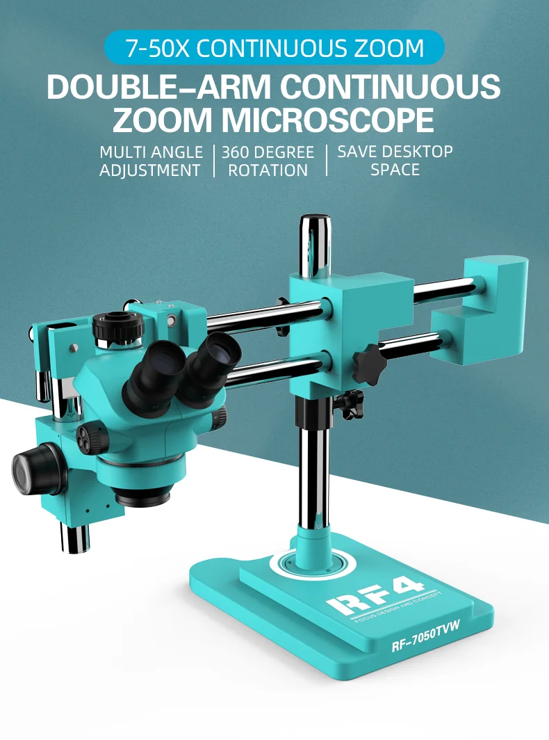 RF4 RF7050TVW 7-50X Electronics Trinocular Microscope With STL2 Double-arm Boom Stand for Phone PCB Soldering Welding Tool