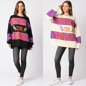 LYG Autumn Winter Women's Casual Top European American Style Halloween Letter Sequin Color Block Sweatshirt