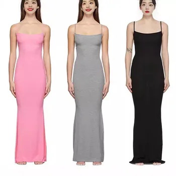 Custom Casual Women's Bodycon Maxi Dress Elegant Ribbed Slip Design, Modal Cotton Blend Spandex, Long Dress