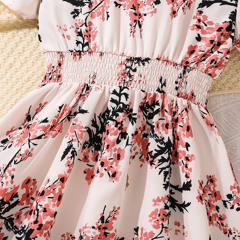 2025 Summer Korean Children Clothing 11 Years Short Sleeve Floral Pattern  Ruffle Beach Dress Kids Party Dresses for Girls