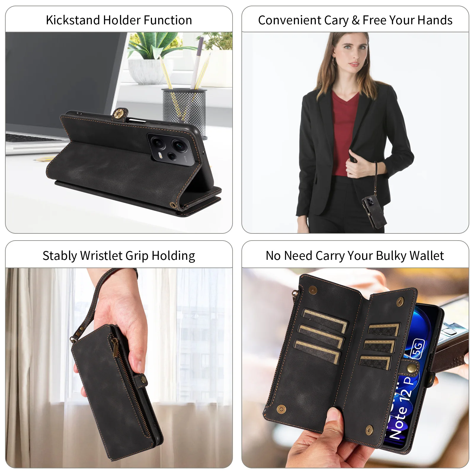 Pure Color Leather Retro Leather Wallet Flap Case Business Mobile Phone Case For Redmi 12 13 Pro Plus 4G 5G A3 K70 manufacture