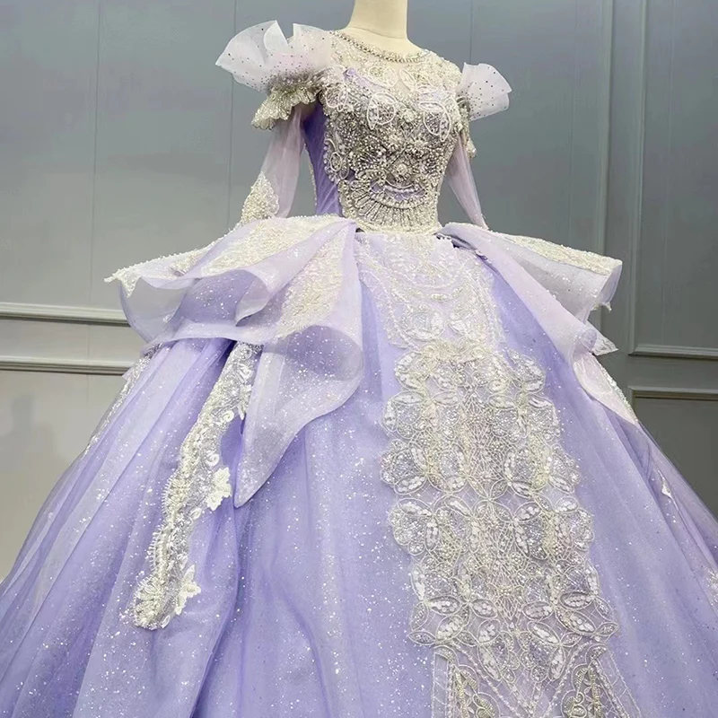 New Design Factory Direct Sales Long Sleeve Quinceanera Dress Purple Lace Color Wedding Dress Wn036