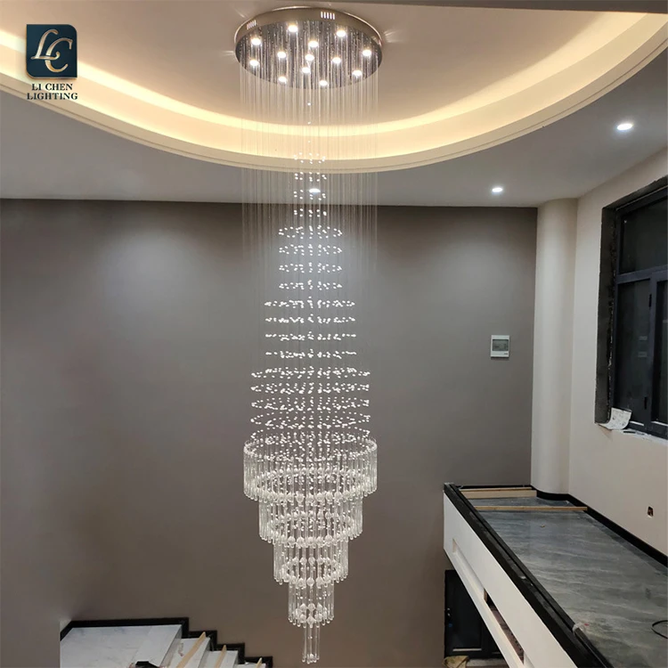P0027 Modern Spiral Crystal Chandelier – Long Luxury LED Pendant Light for High Ceiling Staircase