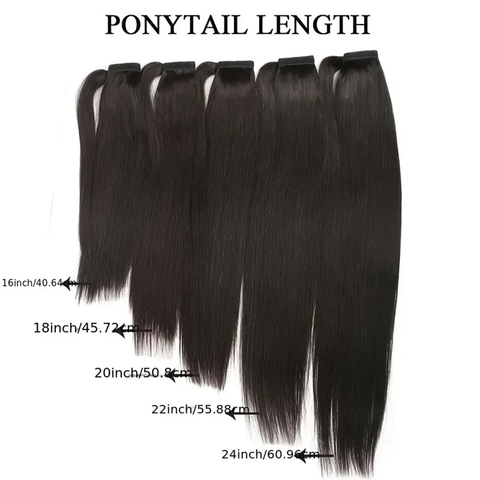 Queue de cheval lisse brésilienne Remy de 8 à 32 pouces avec clip magique enroulé autour de la queue de cheval en couleur noire naturelle_voghion.com