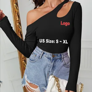 Custom Logo Print Women's Slanted Shoulder Long Sleeved Knitted T-shirt Solid Color Slim Fit Base Shirt Tops Casual Sports Wear