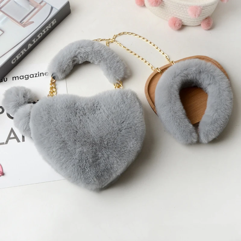 Fur Heart Purse Headband Set Vendor 2021 Faux Fur Purse Bags Designer Lady Cute Heart Shaped