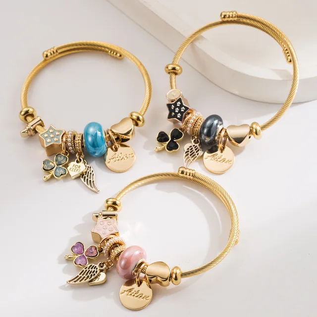 High Quality Gold Plated Colorful Leaf Charm Bracelet Adjustable Stainless Steel Wing Pendant DIY Bangle Bracelet for Girls