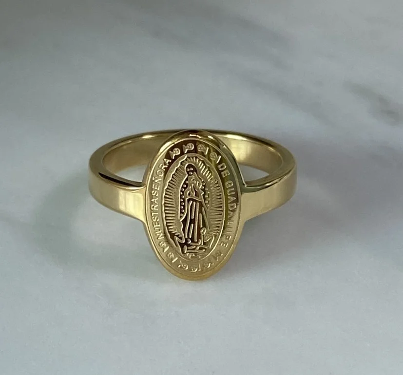Tri Color Gold Virgin Mary Guadalupe Square Design Religious Ring (JL#  R4161) - Jewelry Liquidation
