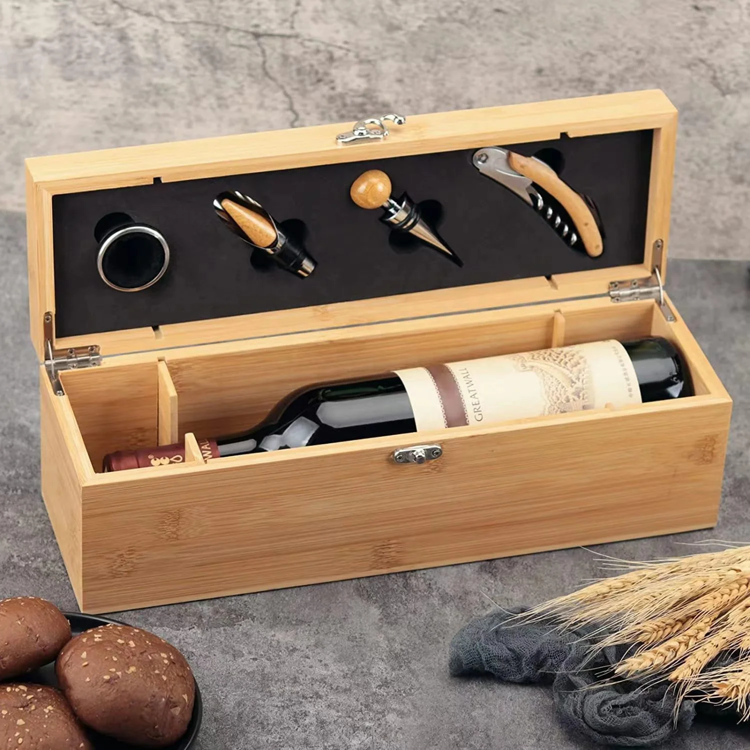 Bamboo Wooden Customization Pattern LOGO Bamboo Wood Wine Case with Tools Set Wine Storage Box Gift for Wine Lover