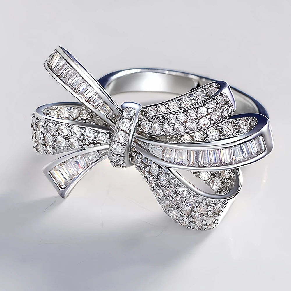 MUSHAN Jewelry Factory 925 Sterling Silver 18k White Gold Plated Fine Ring High Carbon Diamond Bow Knot Engagement Bands Rings