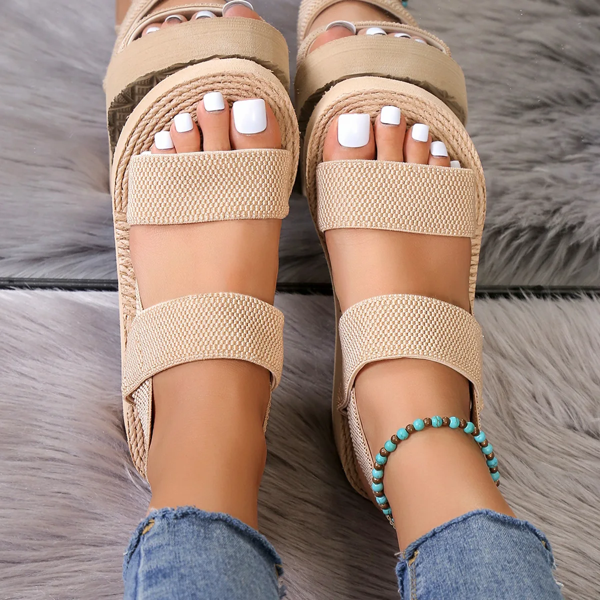 High-heeled Popular Two Straps Eva Foam Outsole Wedge Straw Espadrilles Womens Sandals Shoes for Women and Ladies