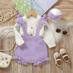 Customized Newborn Baby Girls Handmade Flower Pattern Sweaters Cardigan with Suspender and Hair Band Knitted 3pcs Clothes Set