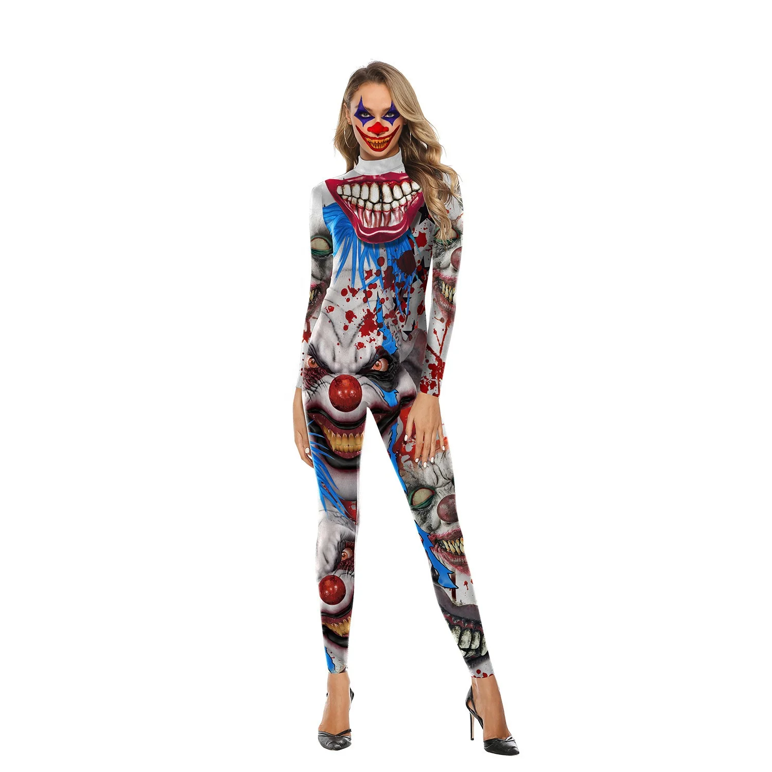 FEOYA Tuta Elasticizzata Donna Per Halloween - Stampa Digitale Meccanica 3D, Maniche Lunghe, Collo Alto, Taglie S-XL