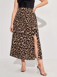Custom Clothing Brand Summer Ladies Plus Size Fashion Breathable Leopard Print Midi Skirt Plain Dyed