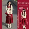 Apricot sweater + red midi skirt [Set]