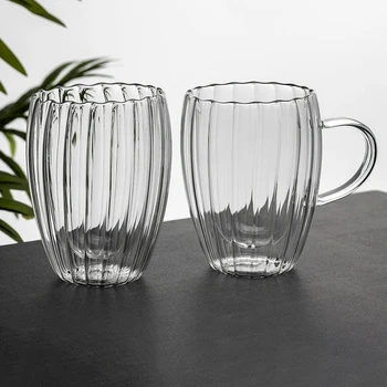 56H Household Simple Striped Milk Transparent Glass Coffee Borosilicate Mug with Handle