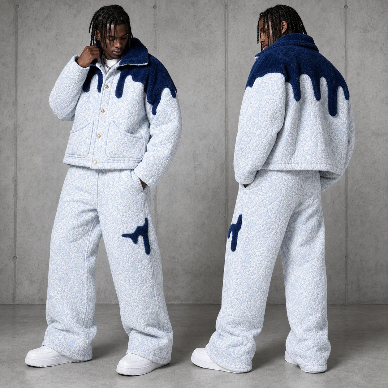 Wholesale Quilted Padded Jacket Pants Set Fleece Trim Sherpa Collar Streetwear Winter Bulk Fashion Men Winter Tracksuit Set gallery 4