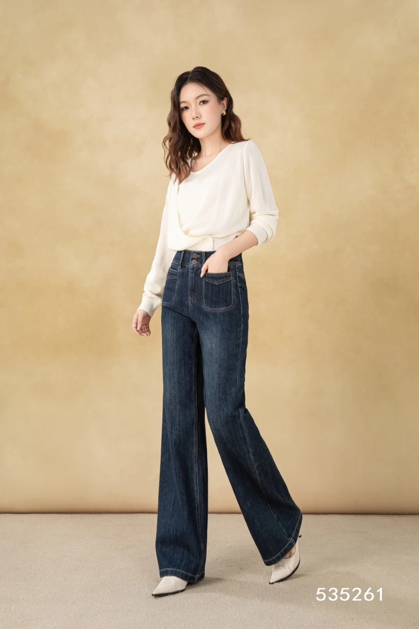 Vintage-Style Women's Dark Wash Straight Stretch Denim Pants Breathable and Washable Wide-Leg Simple Formal Wear