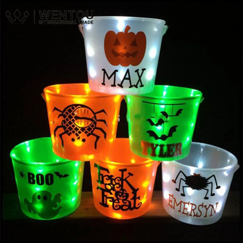Plastic Light Up Halloween Bucket With Handle Flashing Led Orange