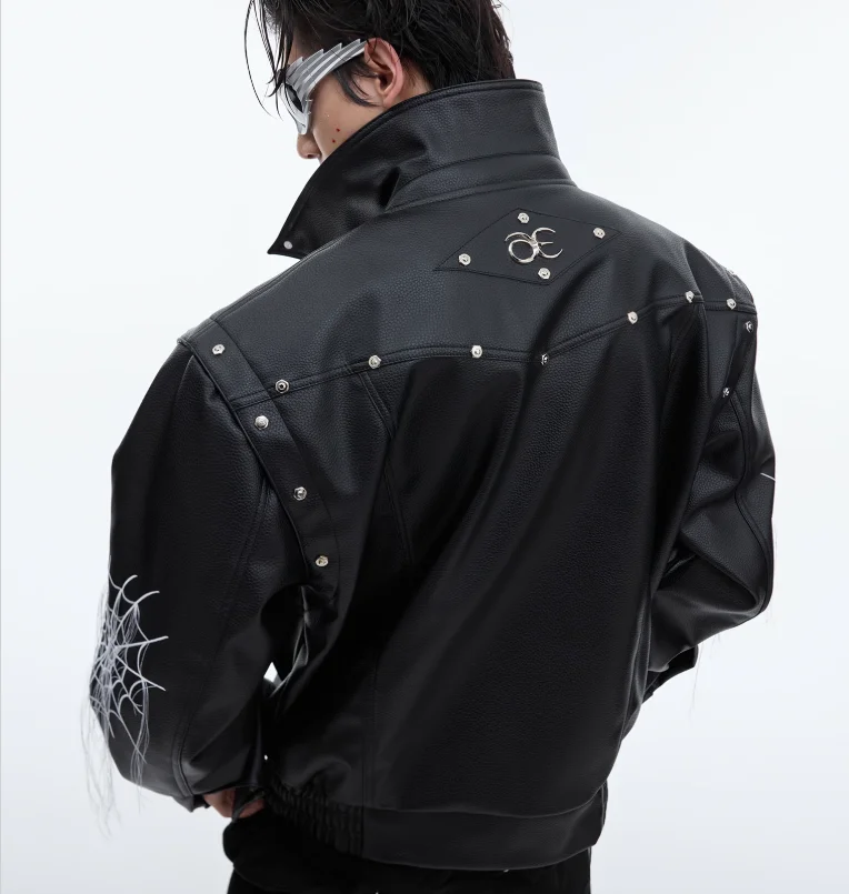 2025 Men's PU Punk Leather Jacket - Spider Web Fringe Design