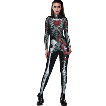 New arrivals Halloween sexy club wear one piece bodysuits for women digital printing skeleton long sleeve fitness costumes