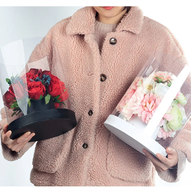 Factory Custom Transparent Paper Strawberry clear Flower Packaging Paper Round Rose Box Round Gift Boxes for Flower