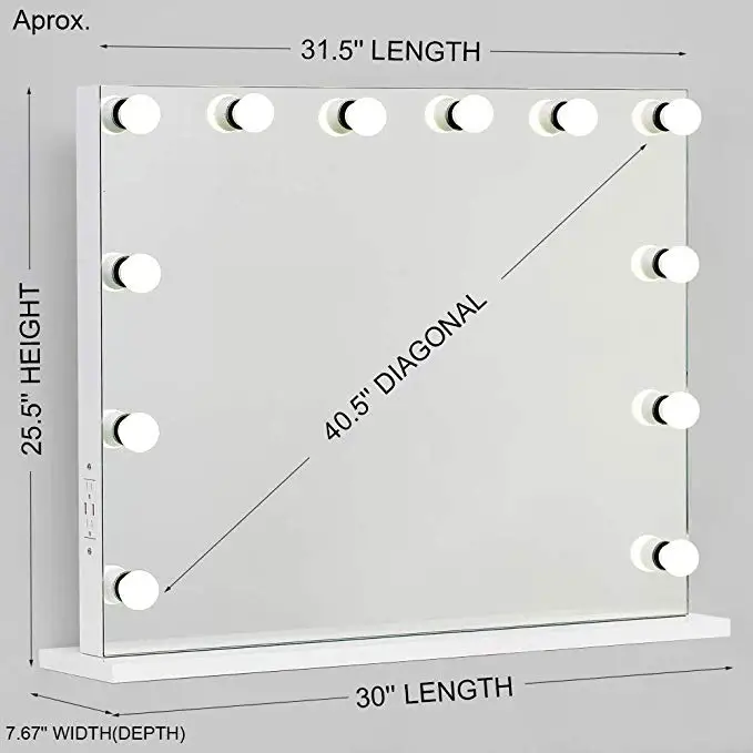 12 диммируемых лампочек, USB-порт, гнездо, Безрамное голливудское косметическое зеркало с подсветкой
