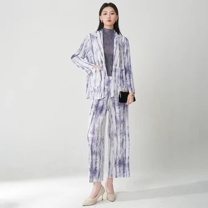 Wholesale Smocked Clothing Women's Fashion Suits High Quality Long-sleeved Shirt and Pants Set Miyake Pleated Printed Set