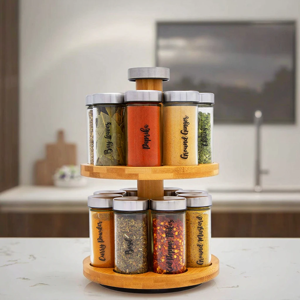 Bamboo Rotating Storage Shelf Spice Holder 16 Jar 2 Tier Rotating Spice Rack Organizer