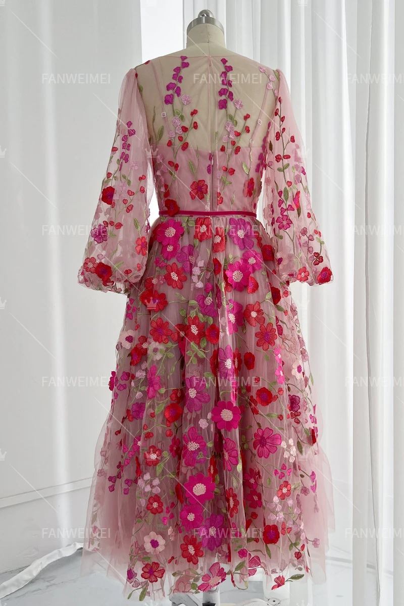 High Quality A-line Red Embroidered Flower V-neck Women's Evening Party Dress With Long Sleeves Tea-length Wedding Gown