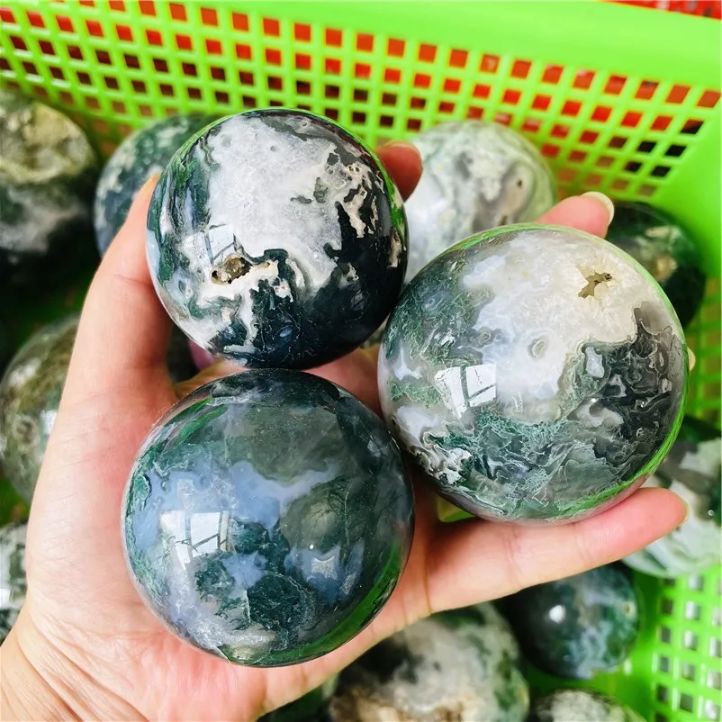 High Quality Natural Green Moss Agate Crystal Sphere With Druzy Geode for Healing