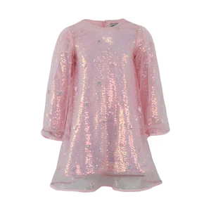 Customizable Pink Sparkling Long Sleeve Sequins Girls Dress Heart Embellishments Party Wear